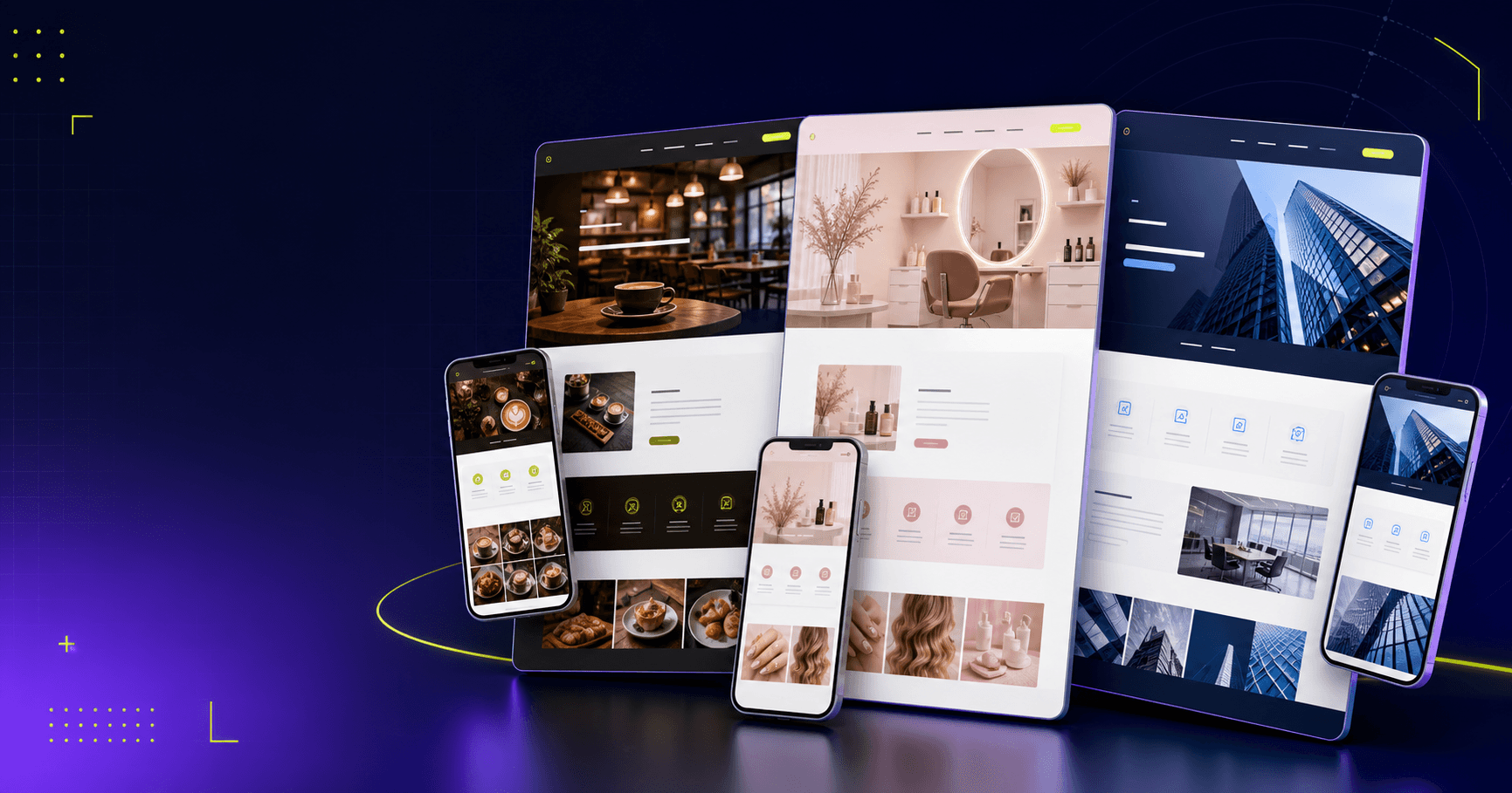 Farklı sektörlere ait web sitesi şablonlarının masaüstü ve mobil görünümü